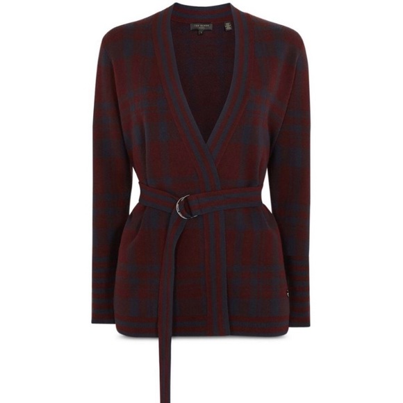 Ted Baker Maroon Red and Navy Blue Checkered Longline Belted Cardigan - Picture 15 of 15
